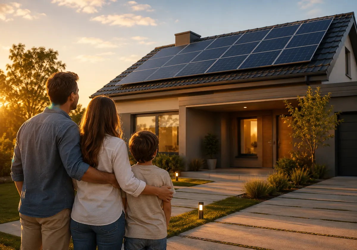 Família em frente a uma casa com sistema fotovoltaico no telhado, ao fim da tarde